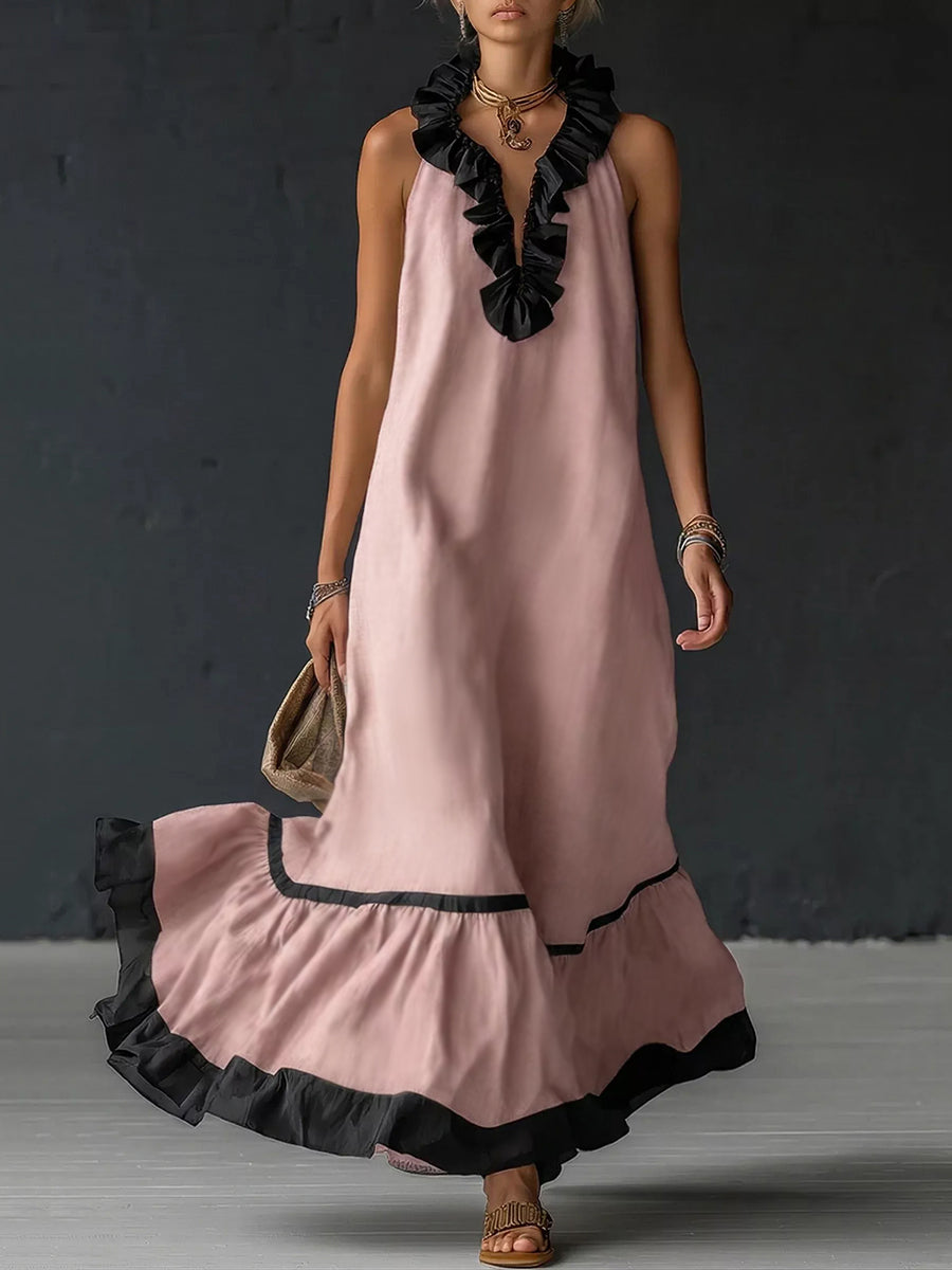 Olivia Bennet | A-Line Loose Contrast Color Pleated Ruffle Trim Split-Joint V-Neck Maxi Dresses