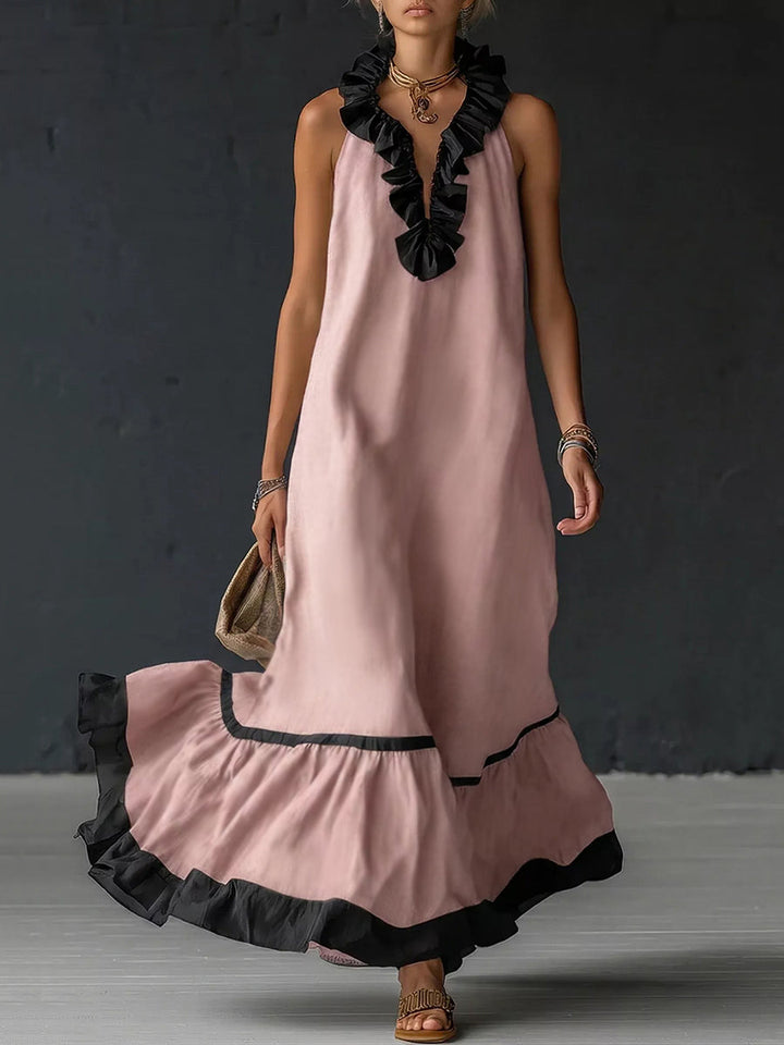 Olivia Bennet | A-Line Loose Contrast Color Pleated Ruffle Trim Split-Joint V-Neck Maxi Dresses