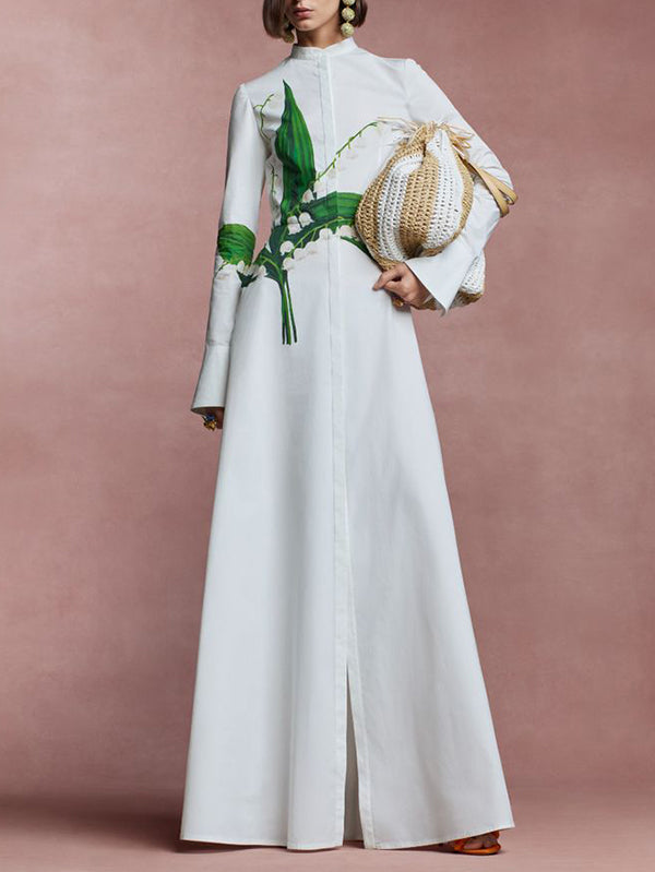 Olivia Bennet | A-Line Long Sleeves Buttoned Flower Print Round-Neck Maxi Dresses