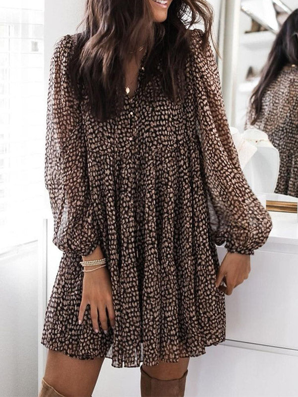 Olivia Bennet | Long Sleeves Loose Buttoned Leopard Pleated V-Neck Mini Dresses