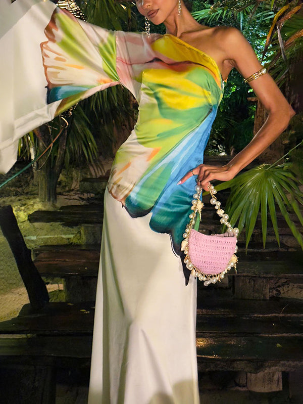 Olivia Bennet | Long Sleeves Loose Asymmetric Flower Print One-Shoulder Maxi Dresses