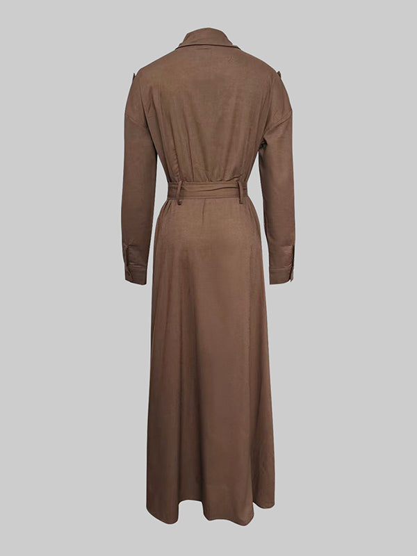 Olivia Bennet | Loose Puff Sleeves Pleated Solid Color Split-Joint Lapel Maxi Dresses Shirt Dress