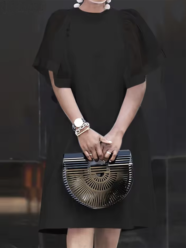 Olivia Bennet | Short Sleeves Pleated See-Through Solid Color Split-Joint Round-Neck Mini Dresses