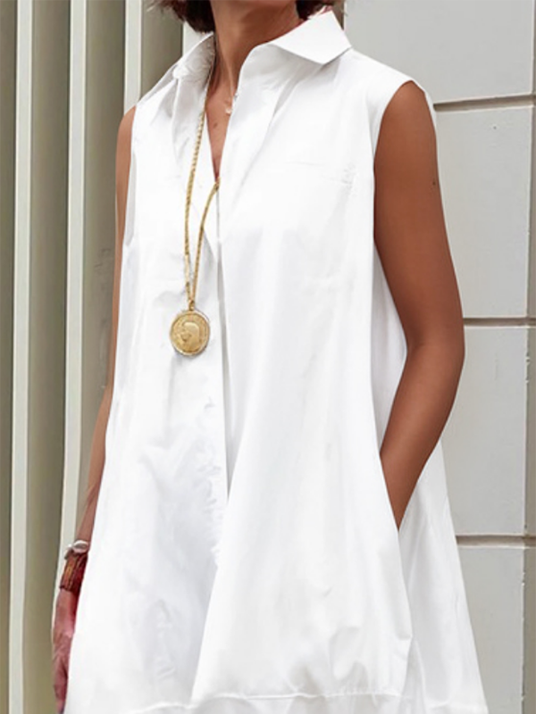 Olivia Bennet | Loose Sleeveless Buttoned Solid Color Lapel Midi Dresses Shirt Dress
