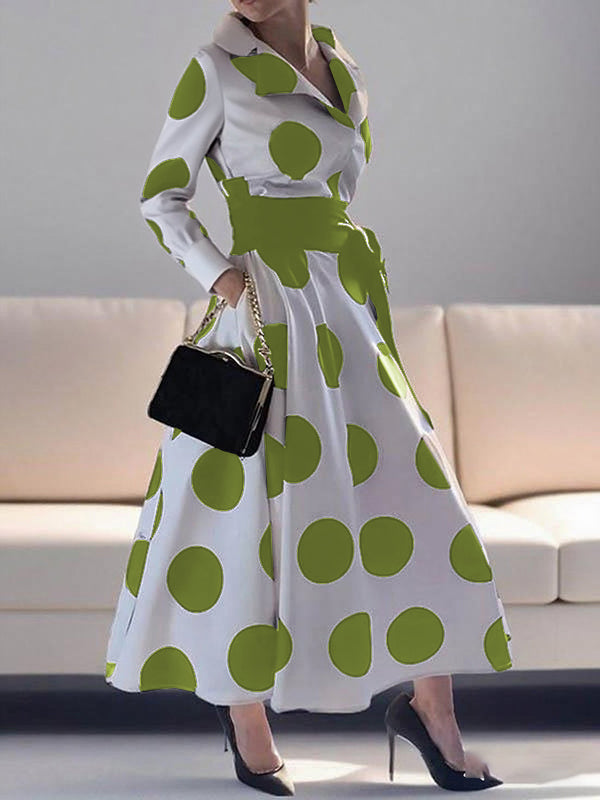 Olivia Bennet | A-Line Long Sleeves Pockets Polka-Dot Tied Waist Notched Collar Maxi Dresses