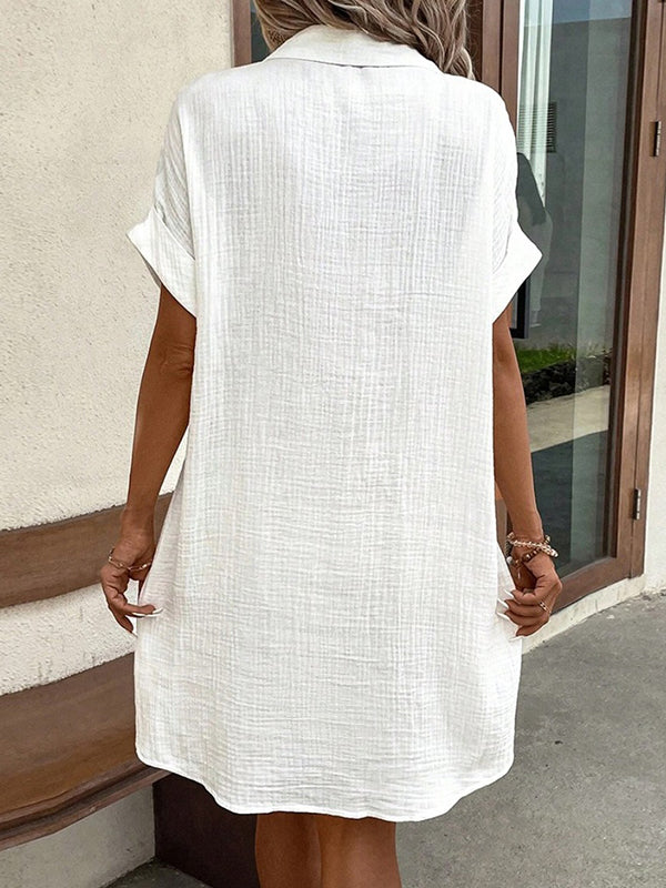 Olivia Bennet | Loose Short Sleeves Buttoned Pockets Lapel Mini Dresses