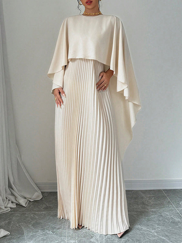 Olivia Bennet | Cape High-Low Pleated Solid Color Split-Joint Round-Neck Evening Dresses Maxi Dresses