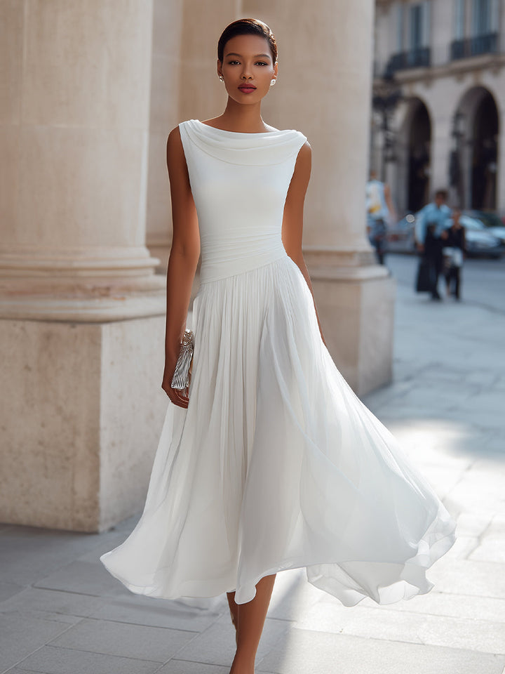 Olivia Bennet | Draped Neck Sleeveless Pleated Midi Dress