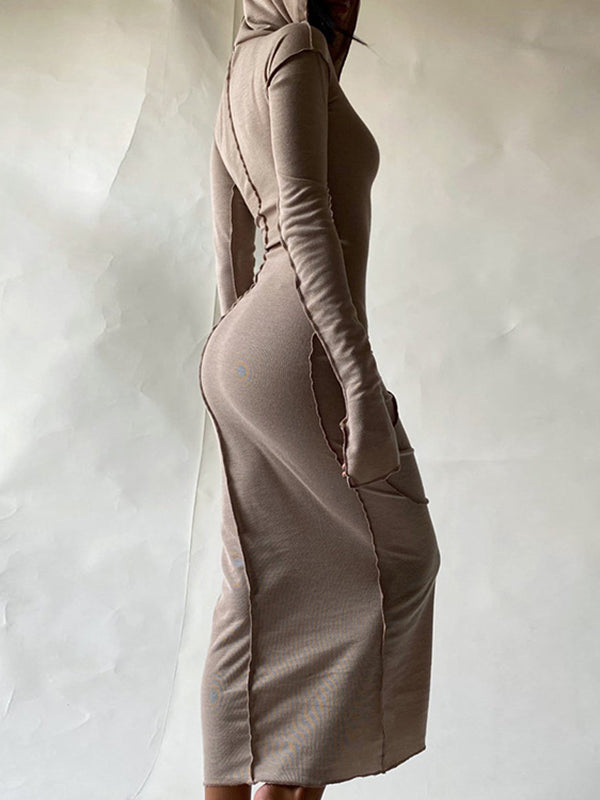 Olivia Bennet | Long Sleeves Plus Size Solid Color Split-Joint Hooded Maxi Dresses