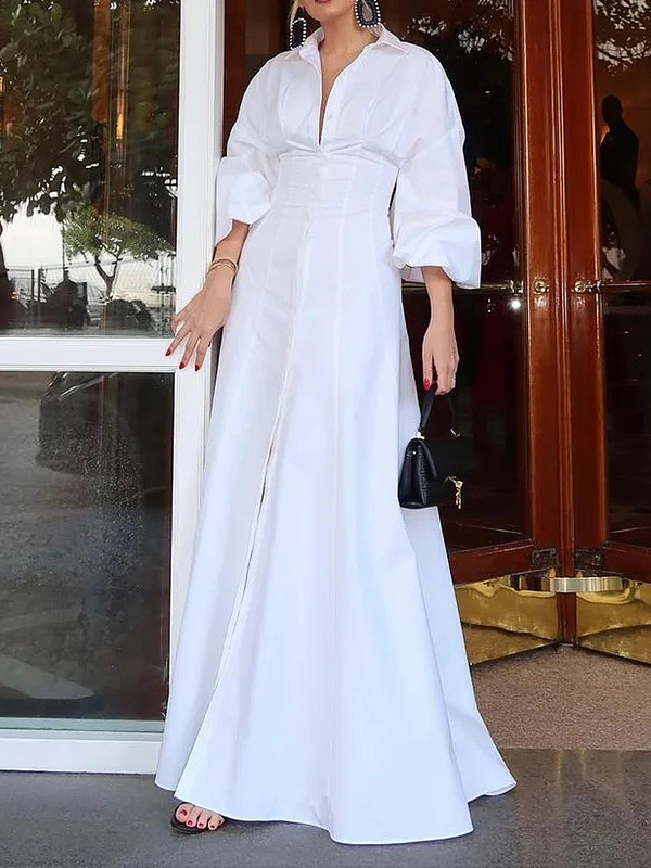 Olivia Bennet | High Waisted Long Sleeves Buttoned Solid Color Lapel Maxi Dresses