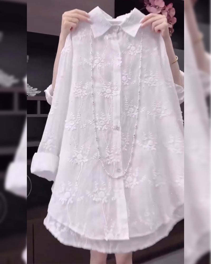 Olivia Bennet| Embroidered Shirt Solid Color Dropped Shoulders