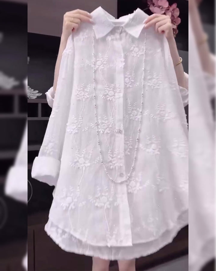 Olivia Bennet| Embroidered Shirt Solid Color Dropped Shoulders