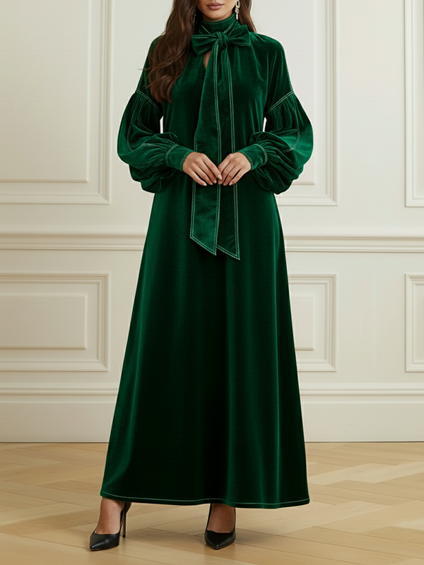 Olivia Bennet | A-Line Long Sleeves Bow-Embellished Pleated Solid Color Split-Joint High Neck Maxi Dresses