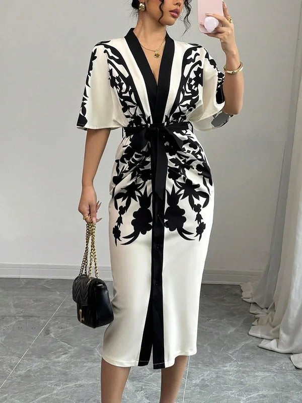Olivia Bennet | Half Sleeves Flower Print Printed Tied Waist V-Neck Midi Dresses