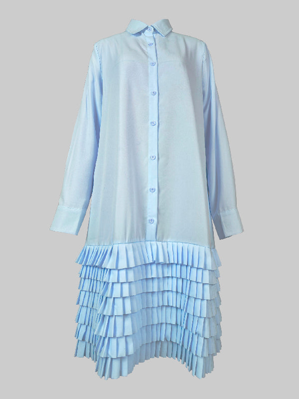 Olivia Bennet | A-Line Long Sleeves Layered Pleated Pockets Solid Color Split-Joint Lapel Midi Dresses Shirt Dress