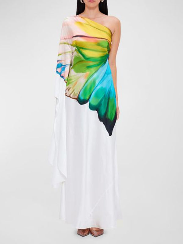 Olivia Bennet | Long Sleeves Loose Asymmetric Flower Print One-Shoulder Maxi Dresses