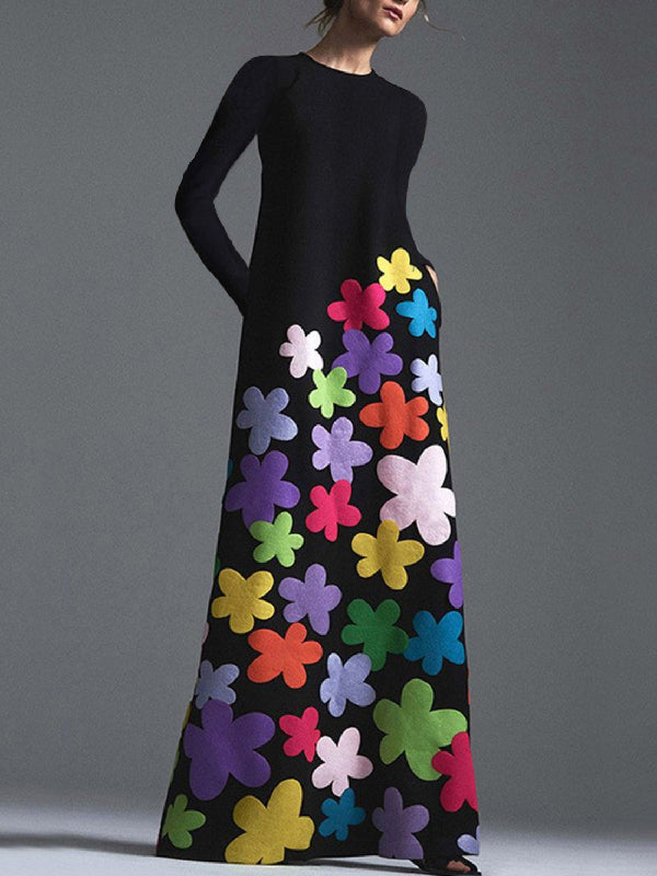 Olivia Bennet | Long Sleeves Asymmetric Floral Round-Neck Maxi Dresses