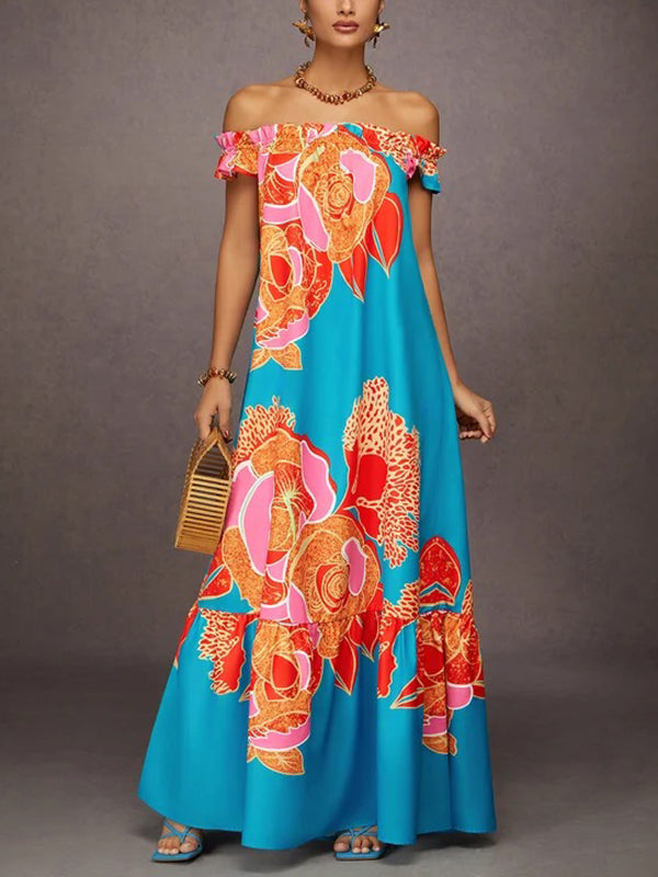 Olivia Bennet | A-Line Loose Elasticity Flower Print Pleated Split-Joint Off-The-Shoulder Maxi Dresses