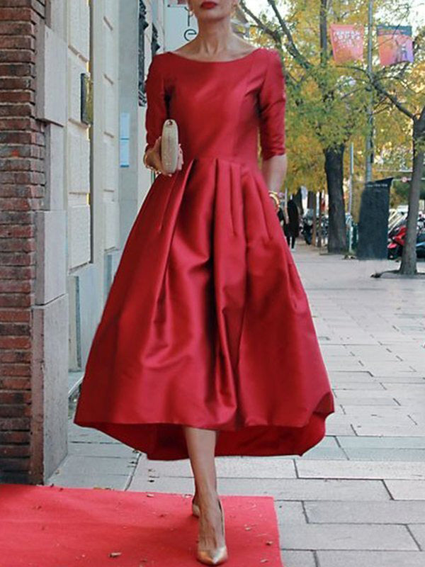 Olivia Bennet | A-Line Loose Pleated Pockets Solid Color Split-Joint Round-Neck Midi Dresses