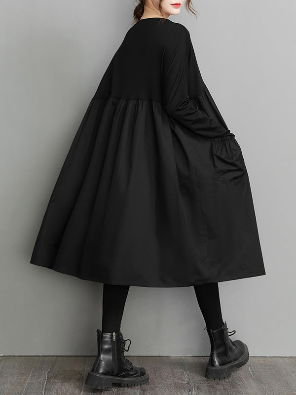 Olivia Bennet | Simple Loose Black Split-Joint Long Sleeves Midi Dress