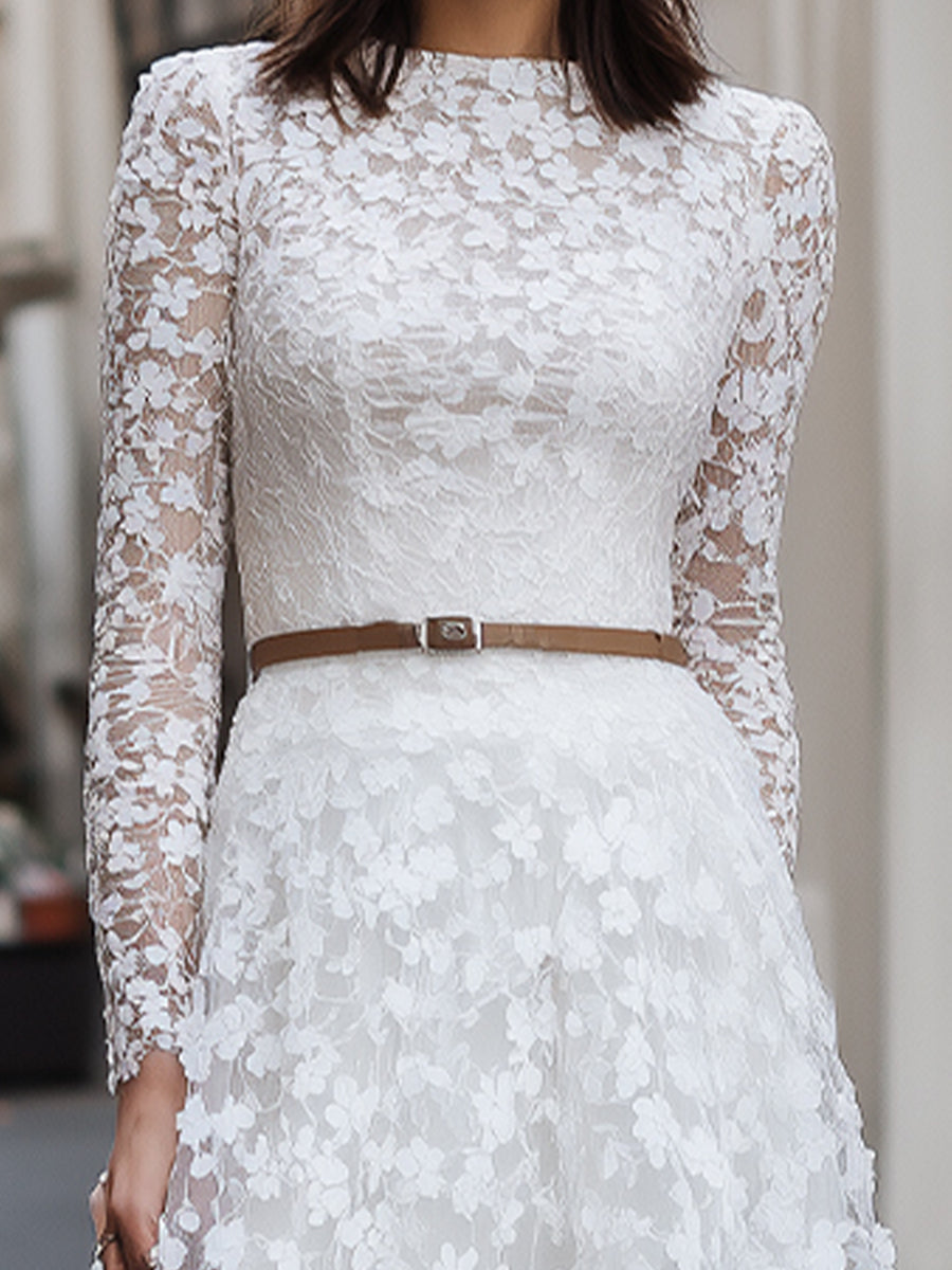 Olivia Bennet | Ivory Floral Long-Sleeve Lace Midi Dress