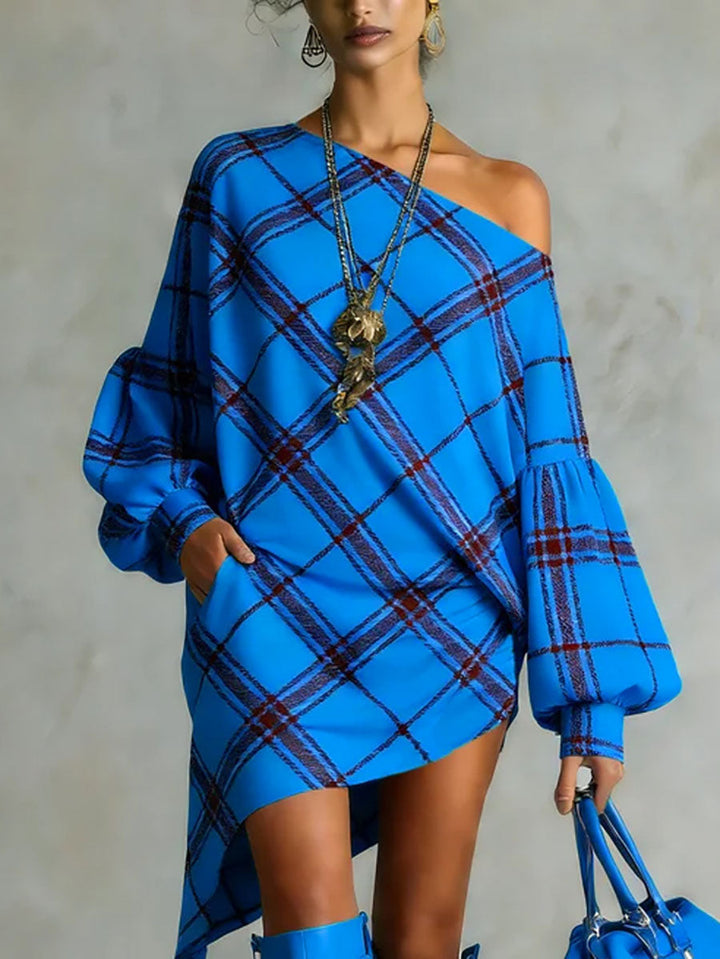Olivia Bennet | Long Sleeves Puff Sleeves Asymmetric Contrast Color Plaid Pleated One-Shoulder Mini Dresses