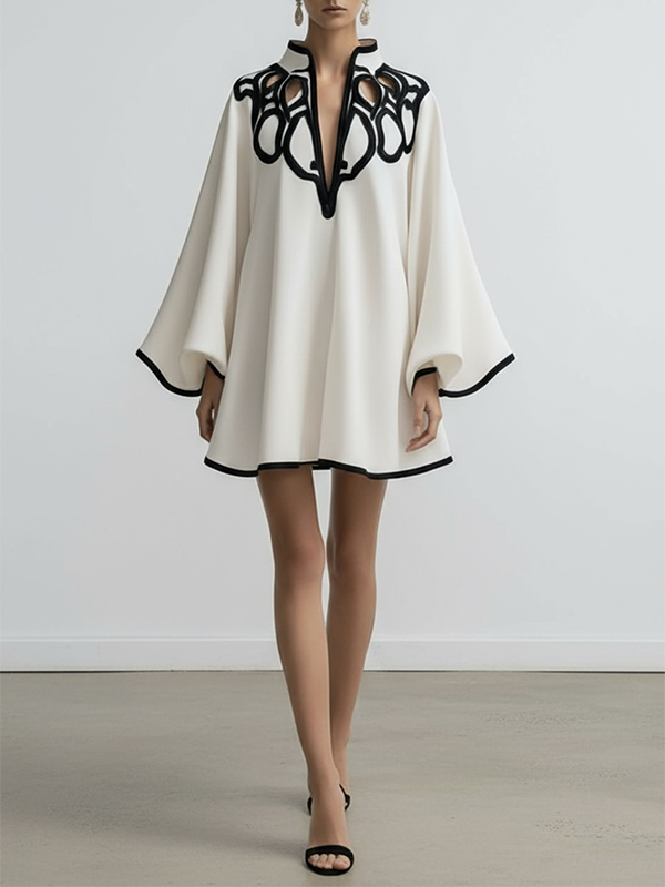Olivia Bennet | Flared Sleeves Loose Contrast Color Hollow Stand Collar Mini Dresses