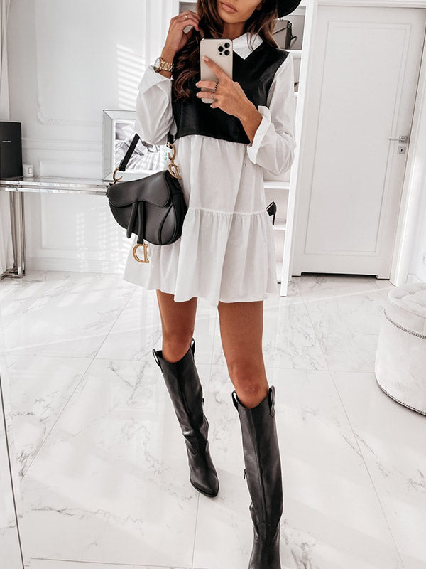 Olivia Bennet | Long Sleeves Loose Contrast Color Pleated Split-Joint Lapel Mini Dresses