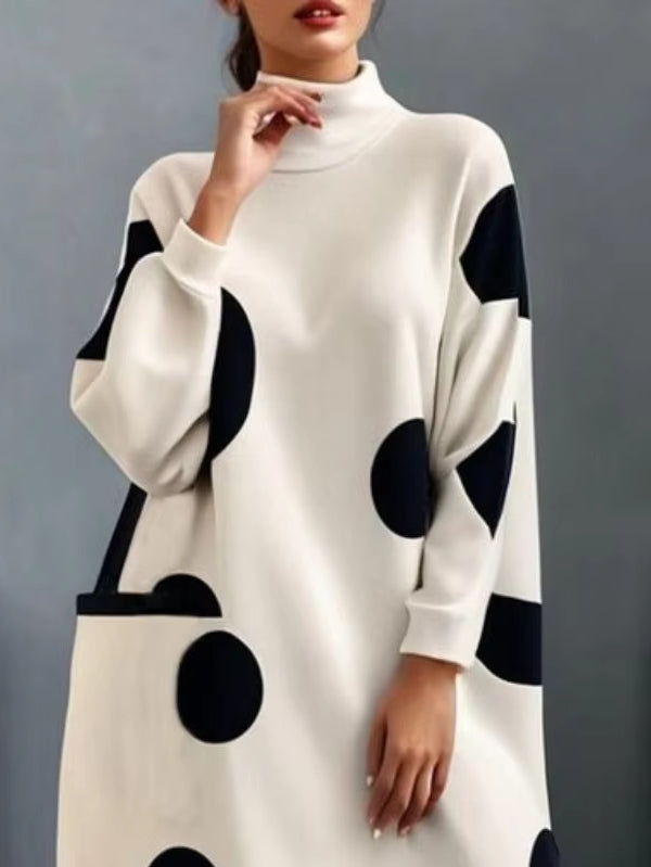 Olivia Bennet | Long Sleeves Loose Pockets Polka-Dot High Neck Midi Dresses