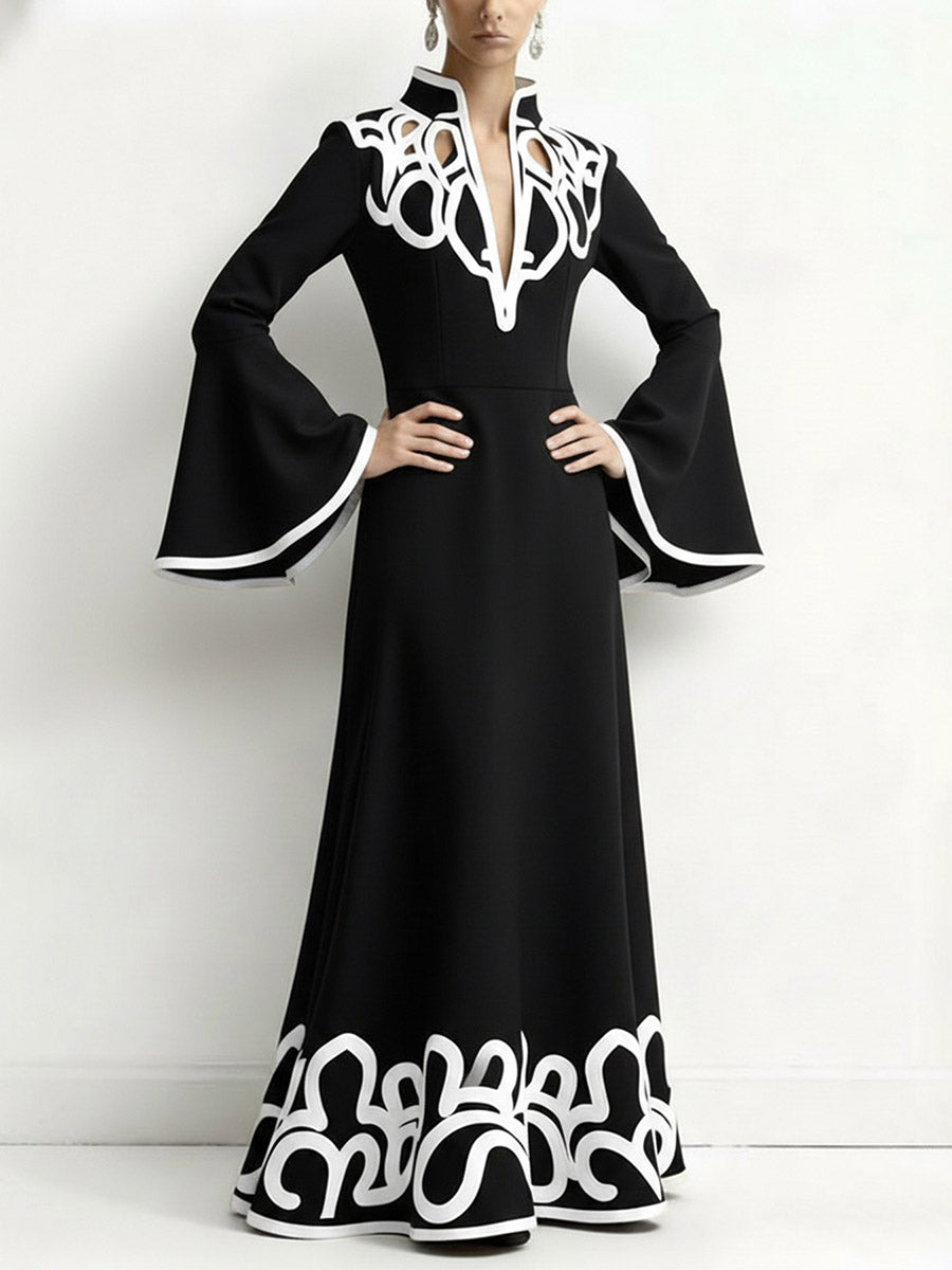Olivia Bennet | A-Line Flared Sleeves Abstract Printed Contrast Color Hollow Line Split-Joint Stand Collar Maxi Dresses