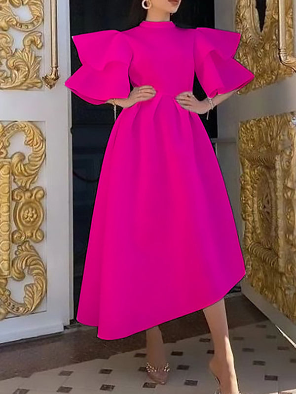 Olivia Bennet | Original Loose Half Sleeves Falbala Solid Color Round-Neck Midi Dresses