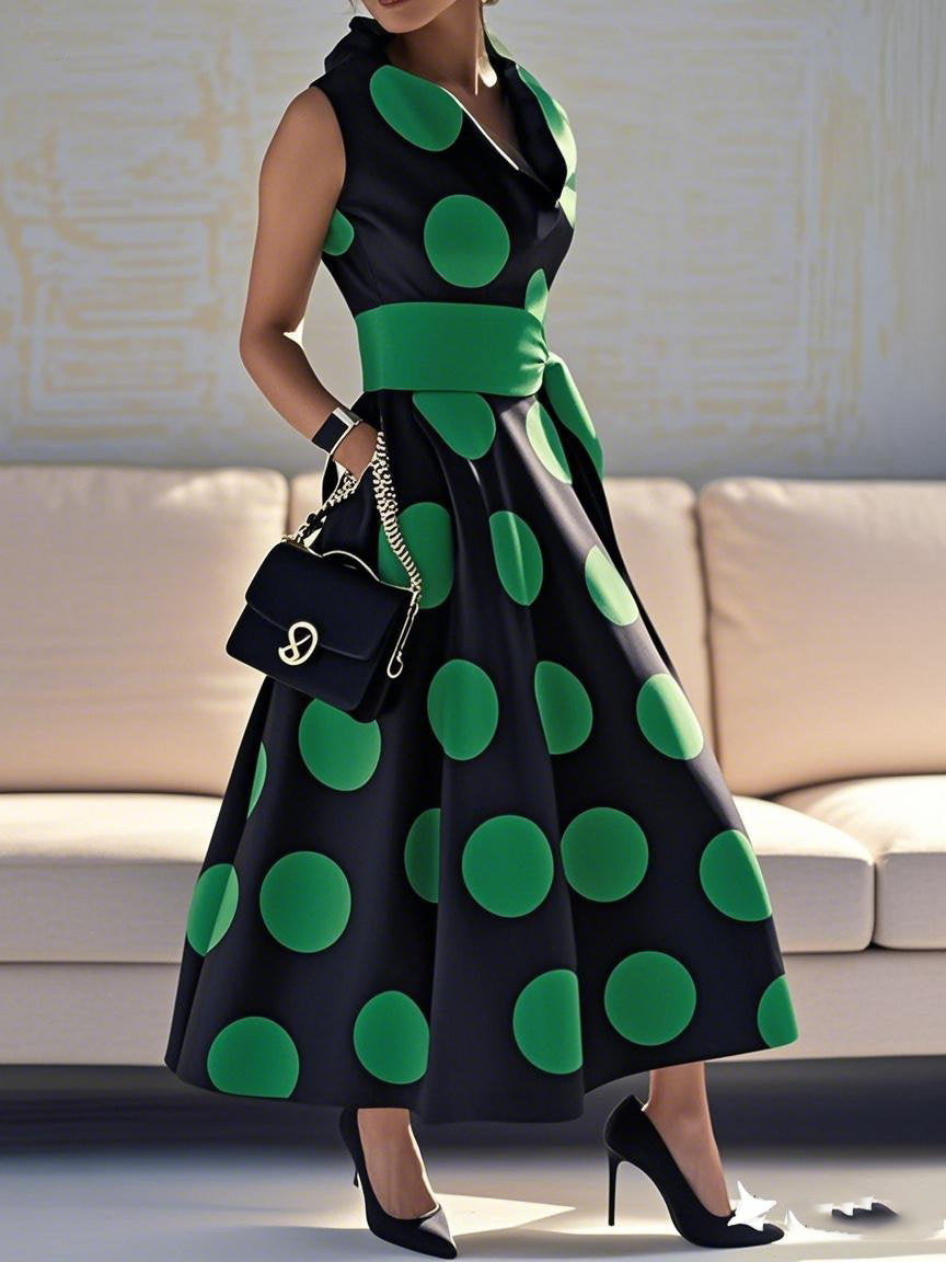 Olivia Bennet | A-Line Loose Pockets Polka-Dot Split-Joint Tied Waist Lapel Maxi Dresses Shirt Dress