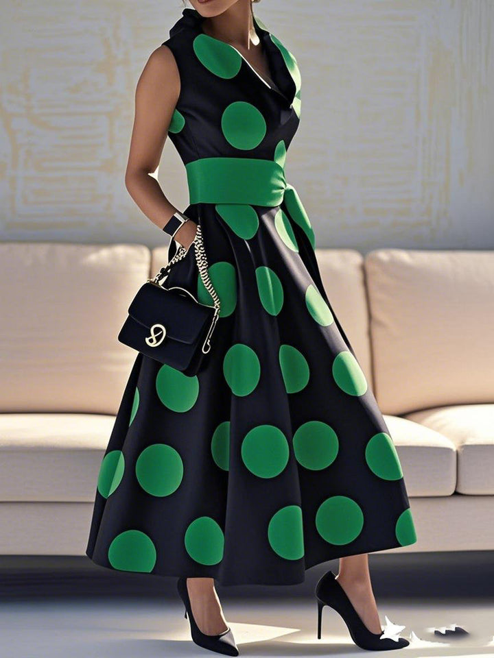 Olivia Bennet | A-Line Loose Pockets Polka-Dot Split-Joint Tied Waist Lapel Maxi Dresses Shirt Dress