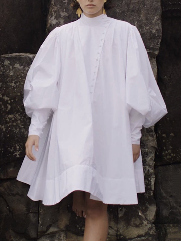 Olivia Bennet | Long Sleeves Loose Buttoned Solid Color Stand Collar Mini Dresses Shirt Dress