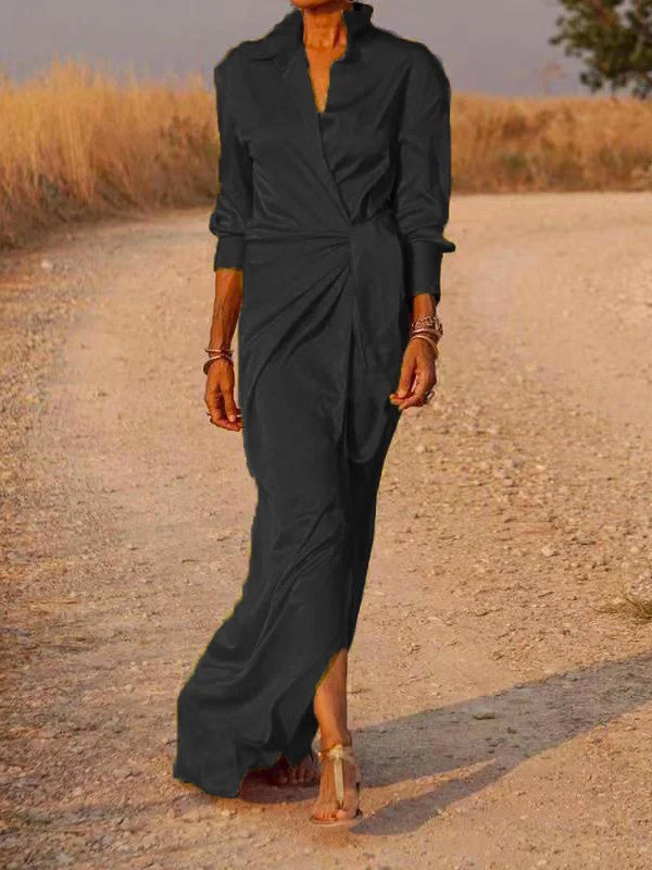 Olivia Bennet | Long Sleeves Loose Solid Color Lapel Collar Maxi Shirt Dresses