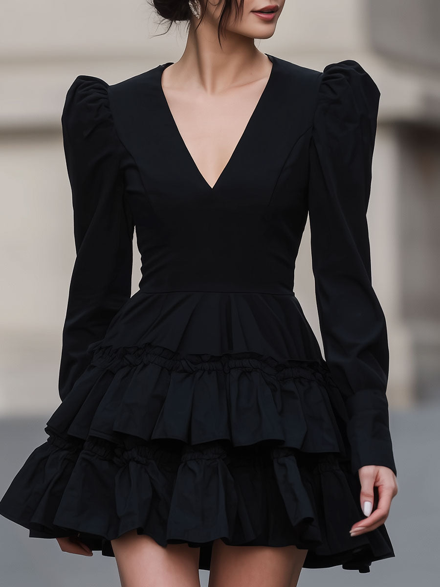 Olivia Bennet | Black Puff-Sleeve Tiered Mini Dress
