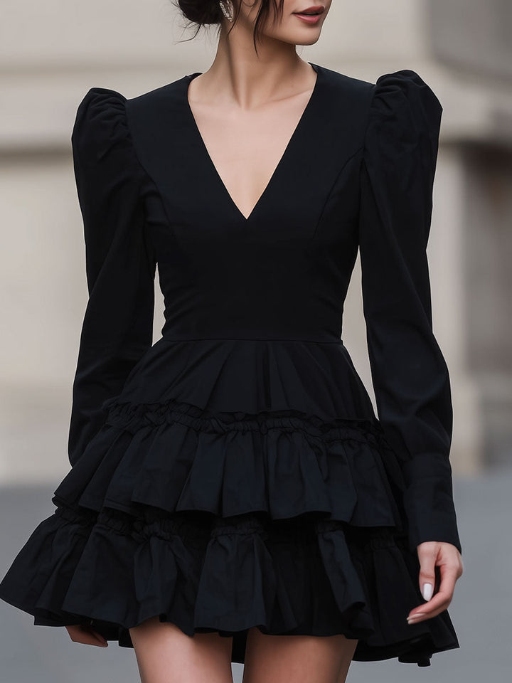 Olivia Bennet | Black Puff-Sleeve Tiered Mini Dress