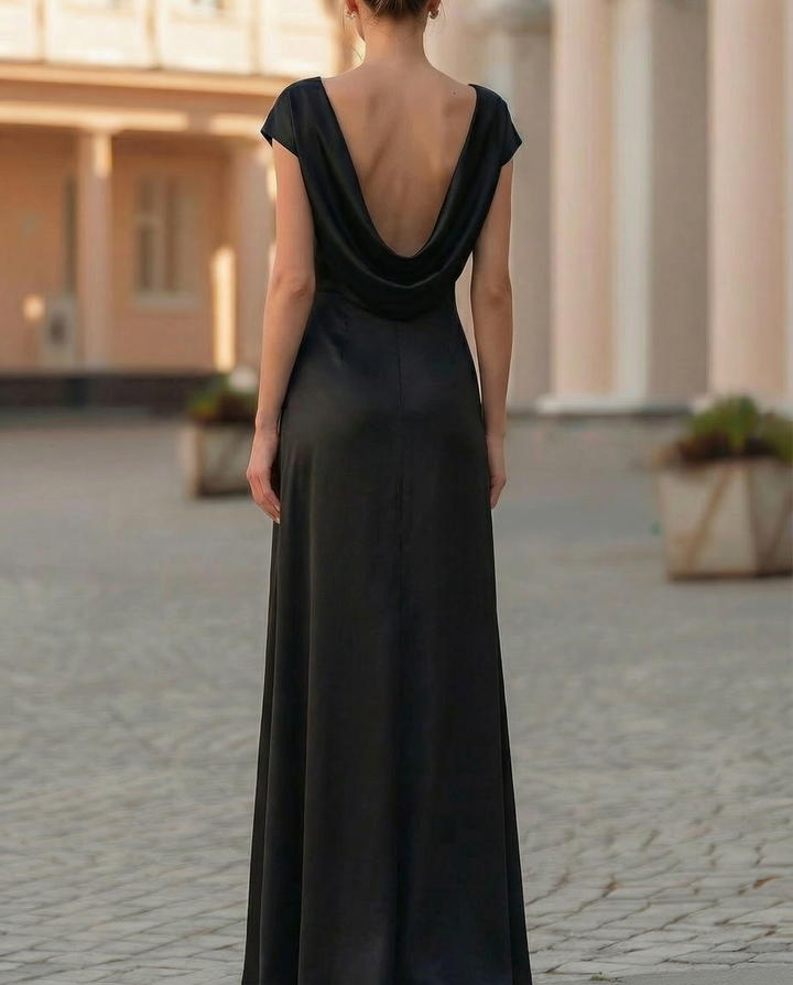 Olivia Bennet | Black Waist-Tie Column Cut Satin Midi Dress