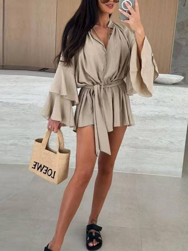 Olivia Bennet | Flared Sleeves Loose Lace-Up Pleated Solid Color Split-Joint Tiered Round-Neck Mini Dresses