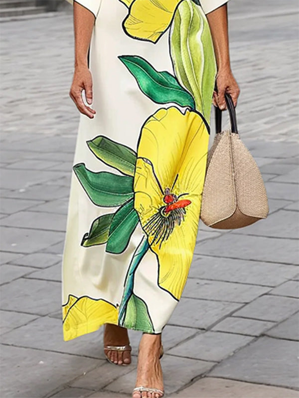 Olivia Bennet | Batwing Sleeves Loose Floral Printed Split-Joint V-Neck Maxi Dresses