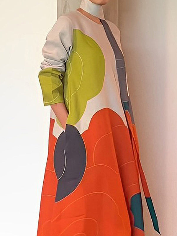 Olivia Bennet | Long Sleeves Loose Printed Split-Joint Round-Neck Maxi Dresses