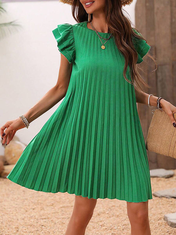 Olivia Bennet | A-Line Loose Hollow Pleated Solid Color Split-Joint Round-Neck Mini Dresses