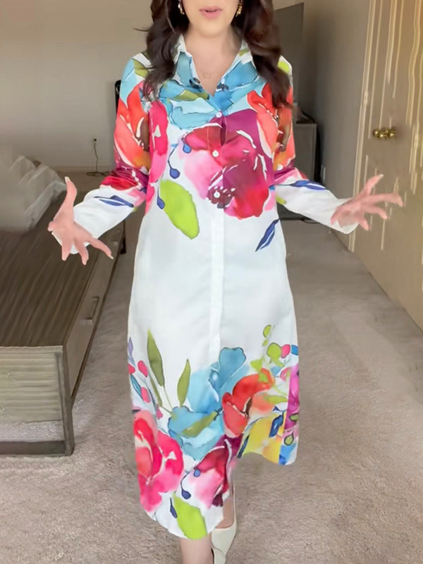 Olivia Bennet | Long Sleeves Loose Buttoned Flower Print Lapel Maxi Dresses Shirt Dress