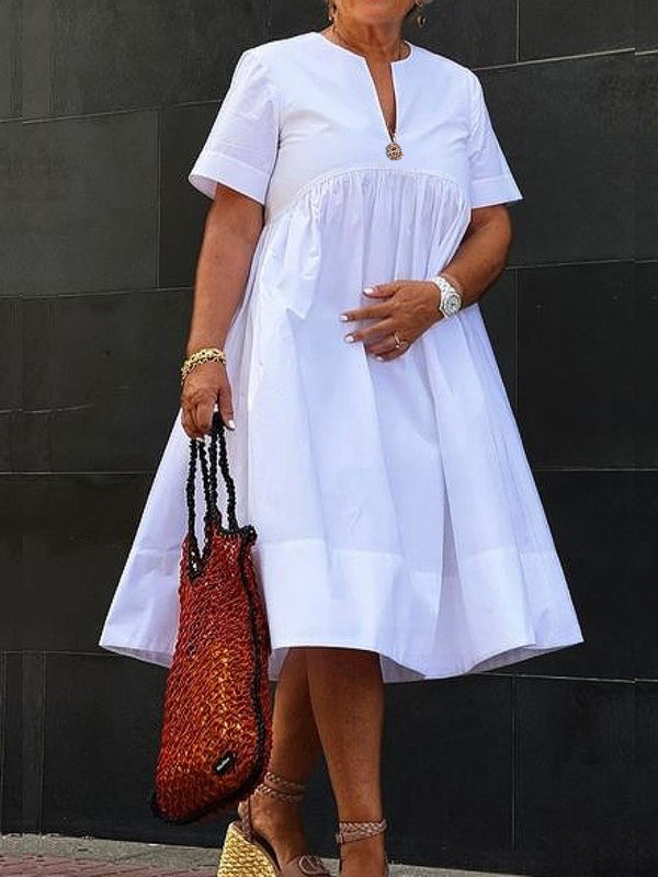 Olivia Bennet | Loose Short Sleeves Solid Color Deep V-Neck Midi Dresses Shirt Dress