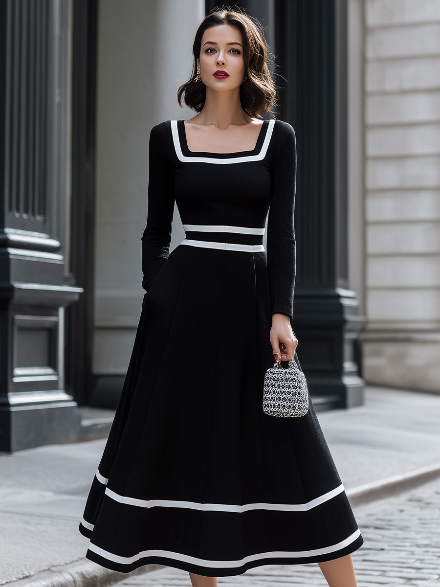 Olivia Bennet | Black & White Square-Neck Midi Dress