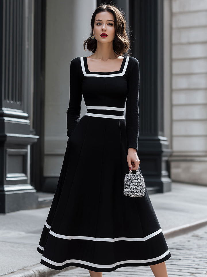 Olivia Bennet | Black & White Square-Neck Midi Dress