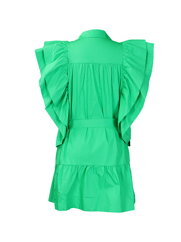 Olivia Bennet | A-Line High Waisted Buttoned Pleated Ruffled Solid Color Tied Waist Lapel Mini Dresses