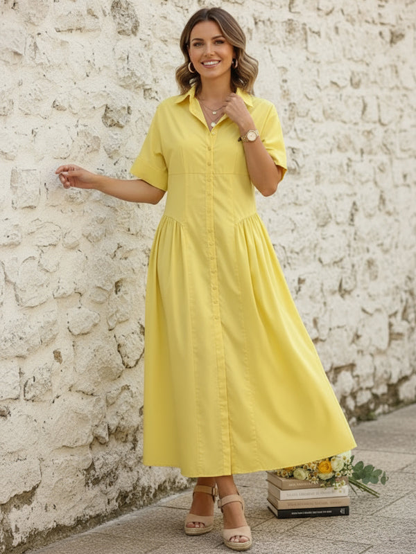 Olivia Bennet | Loose Short Sleeves Buttoned Pleated Solid Color Lapel Collar Midi Dresses Shirt Dress