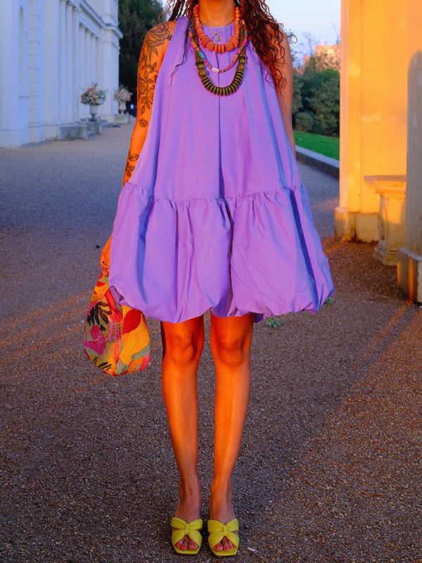 Olivia Bennet | High Waisted Loose Pleated Solid Color Round-Neck Mini Dresses