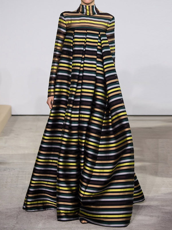 Olivia Bennet | Long Sleeves Loose Multi-Colored Pleated Striped High Neck Maxi Dresses